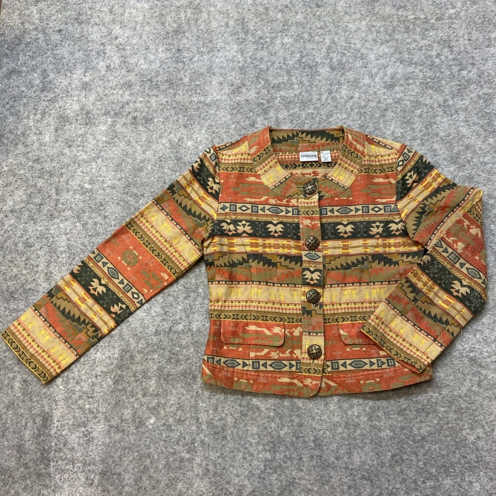 Chicos Womens Jacket Womens Size 1 (US S) Cropped Aztec Print Metal Buttons